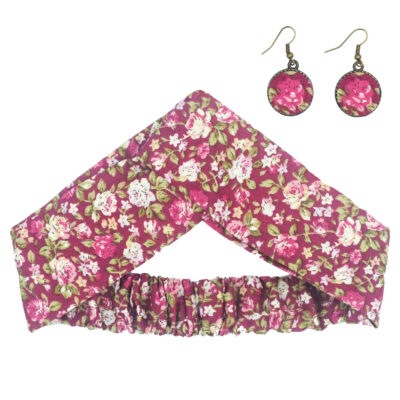 Ensemble Bandeau Croisé Torsadé & Boucles d’Oreilles Floral Rose pour Femme