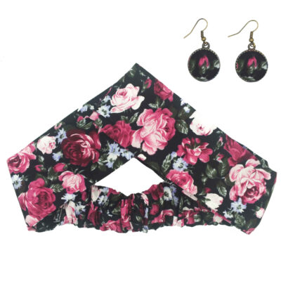 Ensemble Bandeau Croisé Torsadé & Boucles d’Oreilles Rose & Noir pour Femme