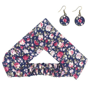 Ensemble Bandeau Torsadé & Boucles d’Oreilles Floral Bleu Marine avec Fleurs Roses pour Femme