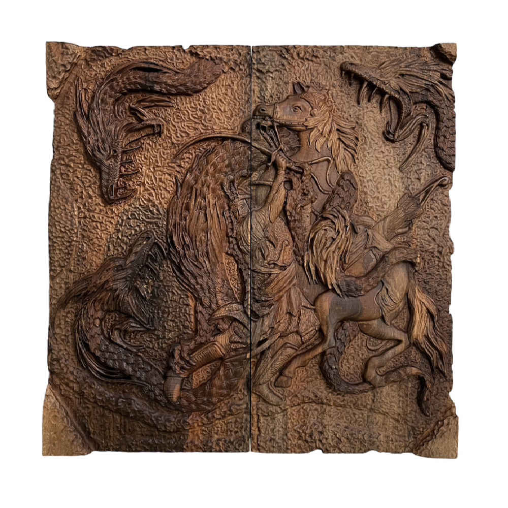 Plateau de Backgammon en Bois Sculpté à la Main Inspiré du Shahnameh avec Dragon