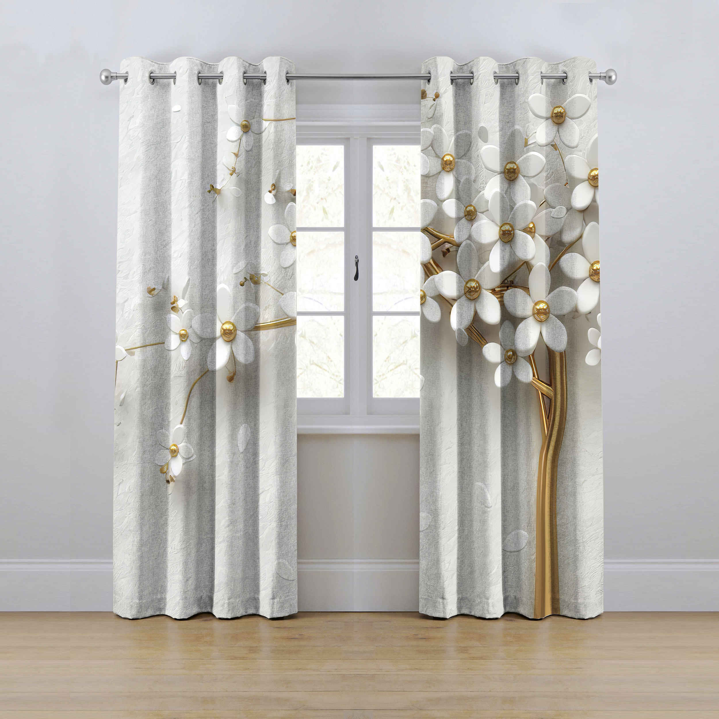 Rideau Œillets en Velours Imprimé – Floral Blanc (280x145 cm)