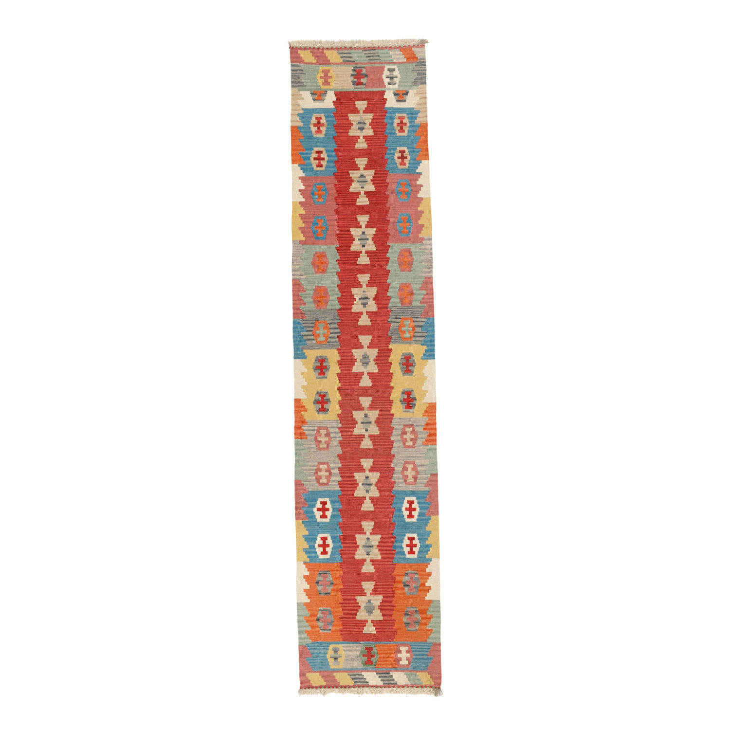Tapis de Couloir Kilim Persan en Laine Tissé à la Main à Fars Qashqai Rouge
