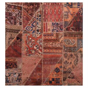 Tapis Persan Vintage Patchwork Noué à la Main Géométrique Rouge Brique
