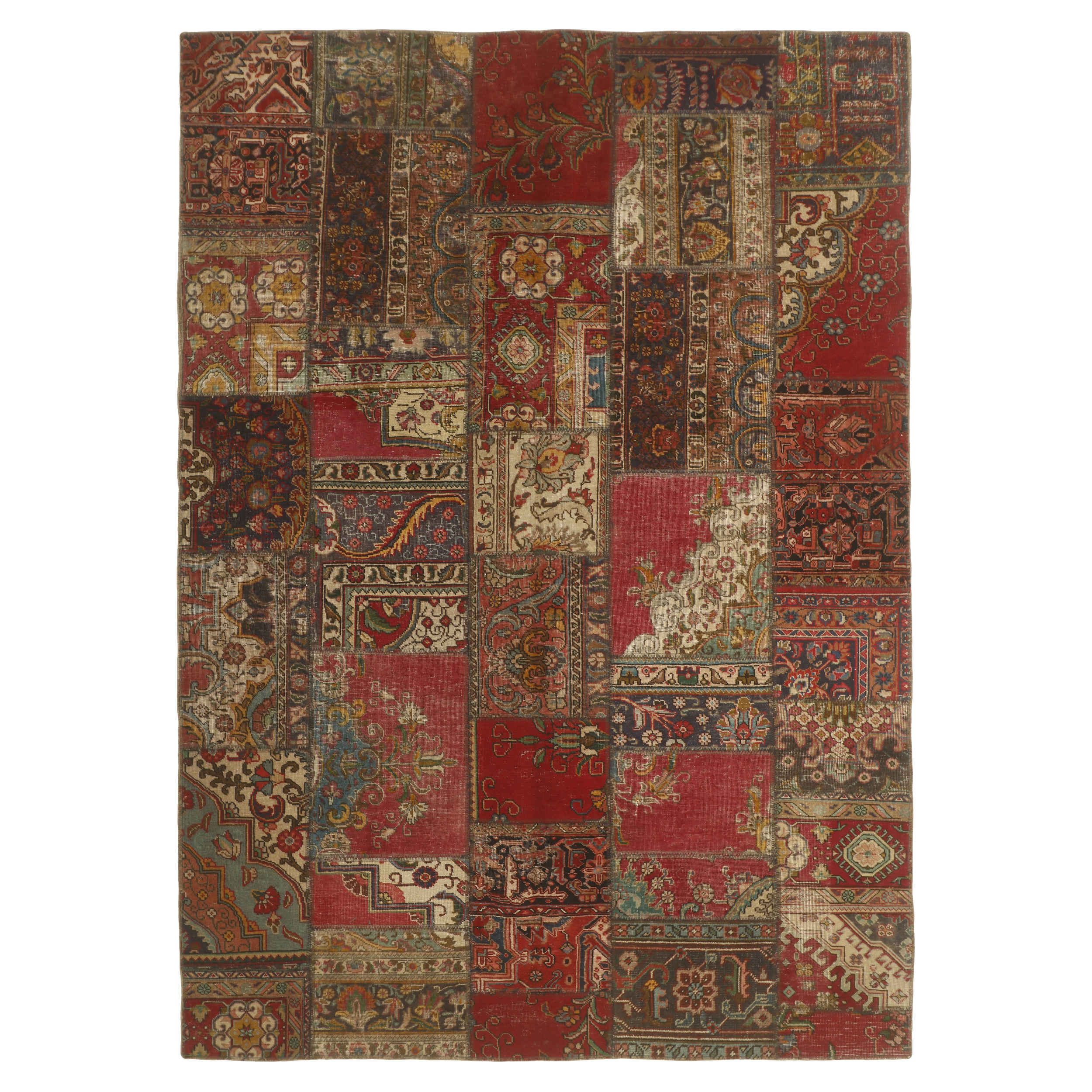 Tapis Persan Vintage Patchwork Noué à la Main Rouge
