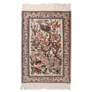 Tapis persan en soie noué à la main à Ispahan cerf & oiseaux crème