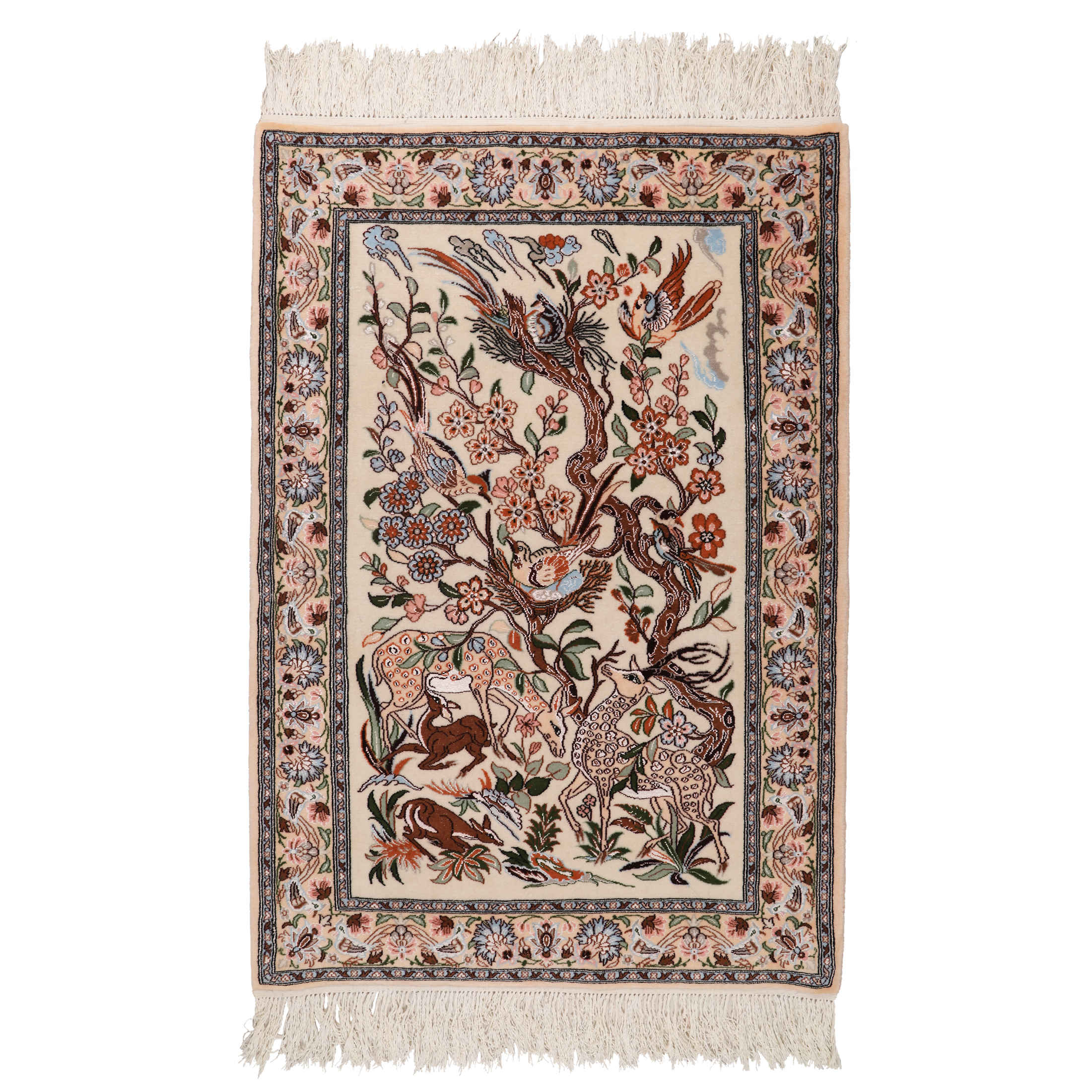 Tapis persan en soie noué à la main à Ispahan cerf & oiseaux crème
