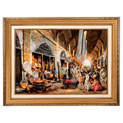 Tapis persan figuratif noué à la main de Tabriz représentant le bazar des chaudronniers