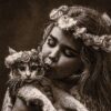 Hand-Knotted Persian Pictorial Rug from Tabriz Depicting Girl & Cat