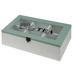 Boîte organisatrice en bois pour sachets de thé 6 compartiments Turquoise et blanc