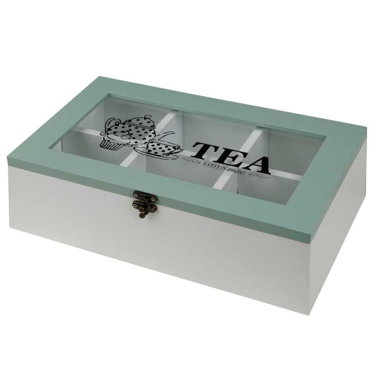 Boîte organisatrice en bois pour sachets de thé 6 compartiments Turquoise et blanc