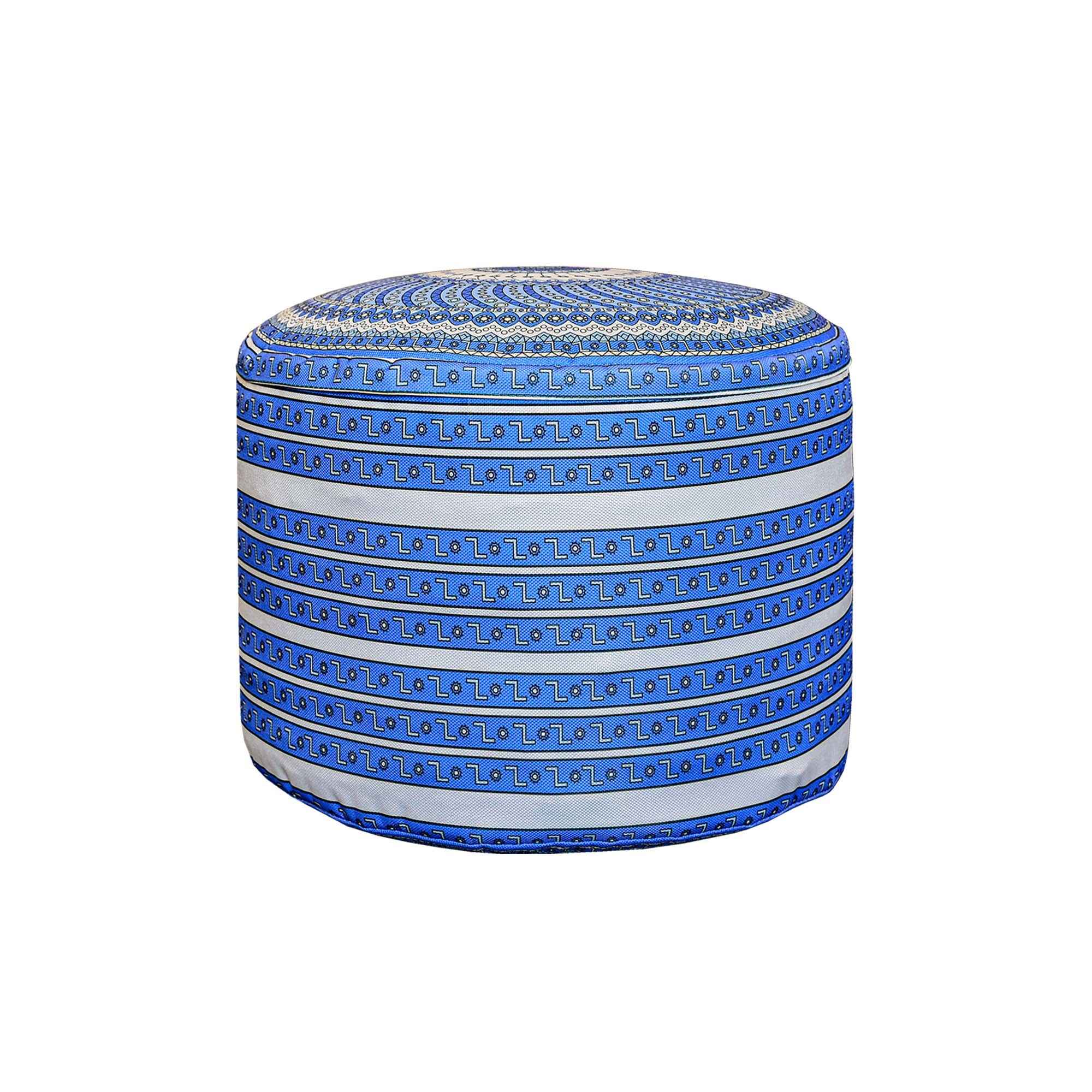 Pouf rond artisanal avec tissu blanc & bleu