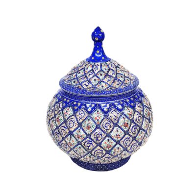 Sucrier persan artisanal en cuivre avec couvercle – Émail Minakari Bleu