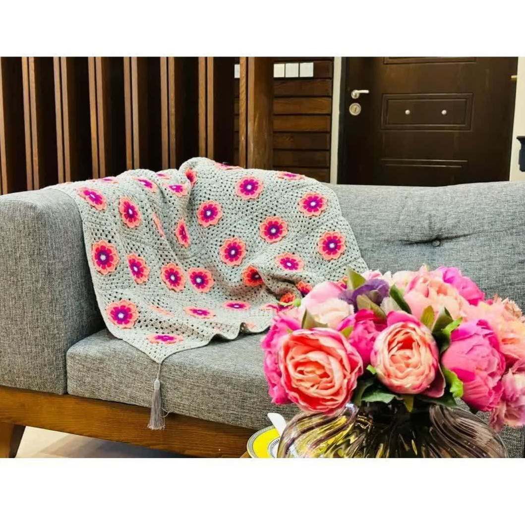 Plaid au Crochet pour Canapé et Lit Motif Bohème Floral