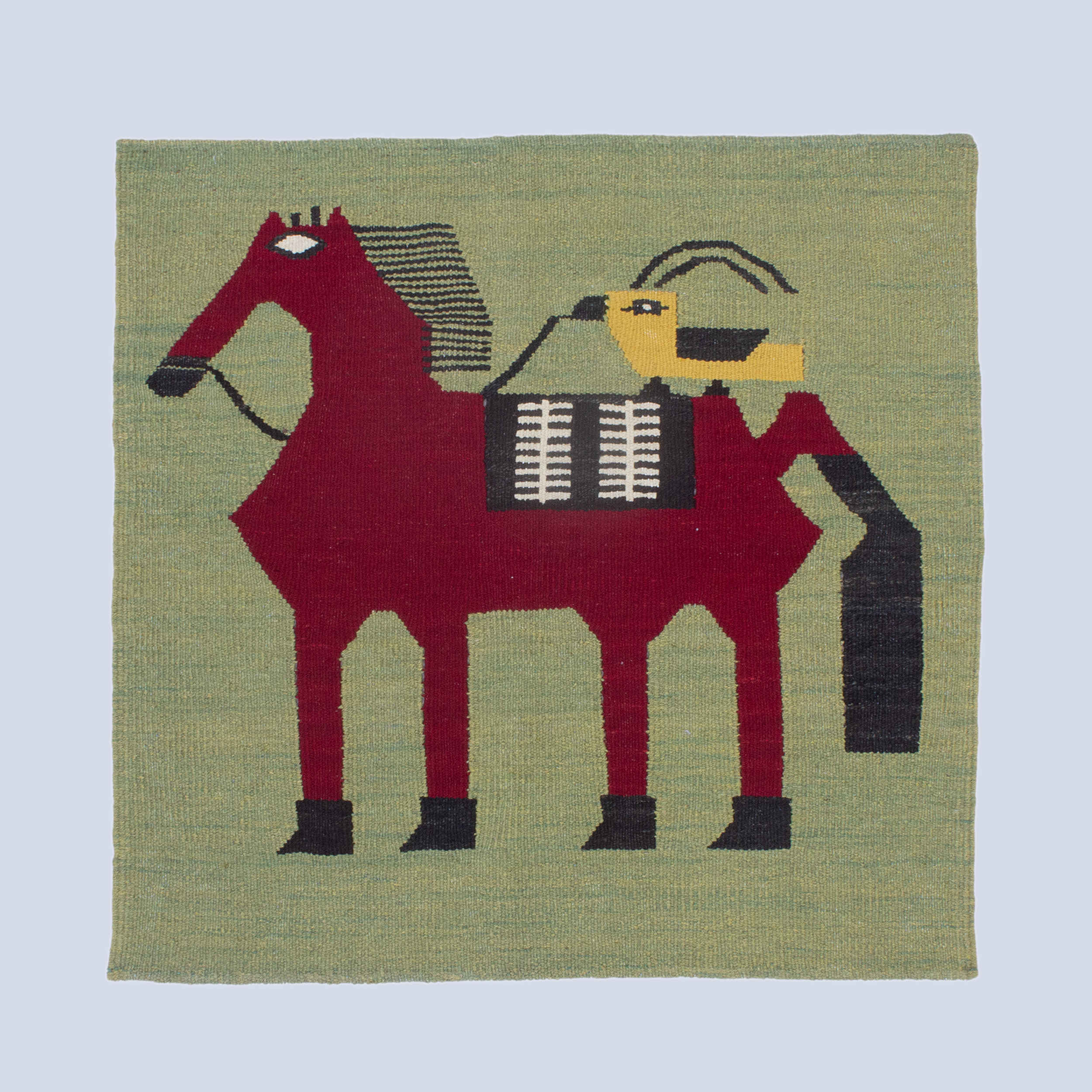 Tapis Kilim en laine persane véritablement tissé à la main en Fars cheval & oiseau vert clair
