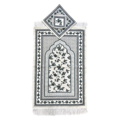 Tapis de Prière Islamique Rembourré en Velours avec Motif Floral Gris