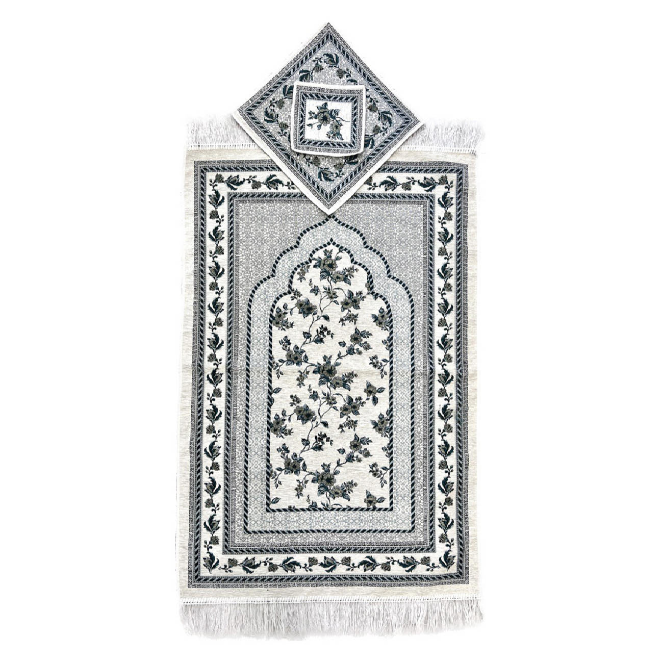 Tapis de Prière Islamique Rembourré en Velours avec Motif Floral Gris