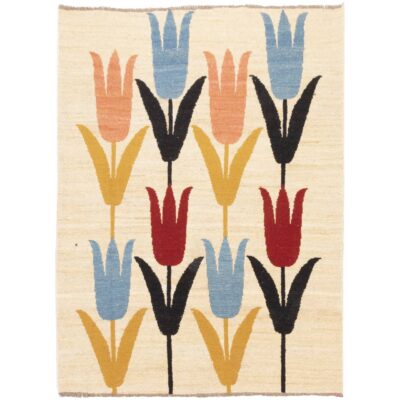 Tapis Kilim en laine persane original tissé à la main à Kerman floral crème