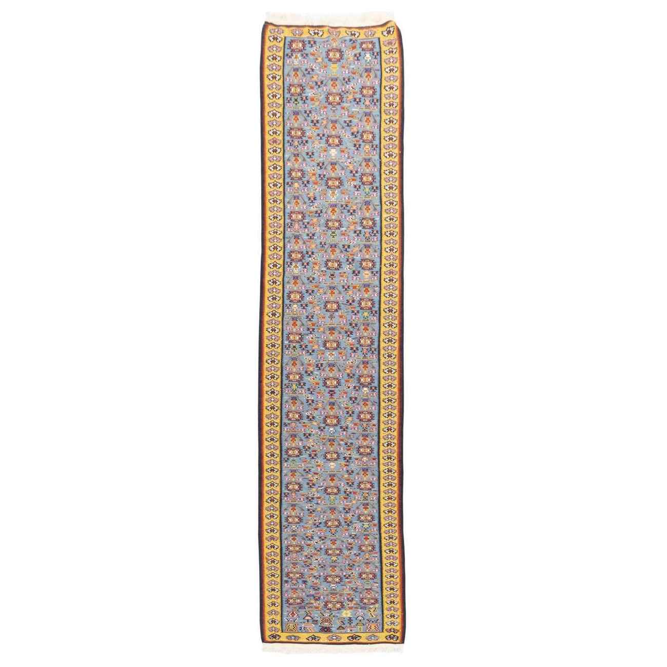 Tapis de Couloir Kilim Persan en Laine Authentique Tissé à la Main à Sanandaj Bleu