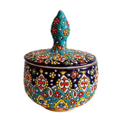Sucrier en Poterie Persane Fait Main avec Couvercle – Minakari Émaillé Bleu Artistique