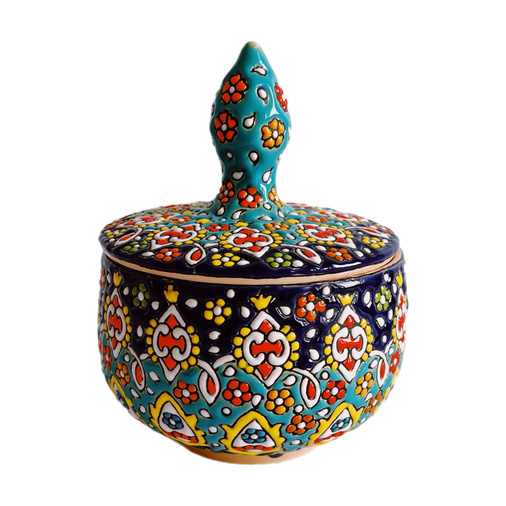 Sucrier en Poterie Persane Fait Main avec Couvercle - Minakari Émaillé Bleu Artistique