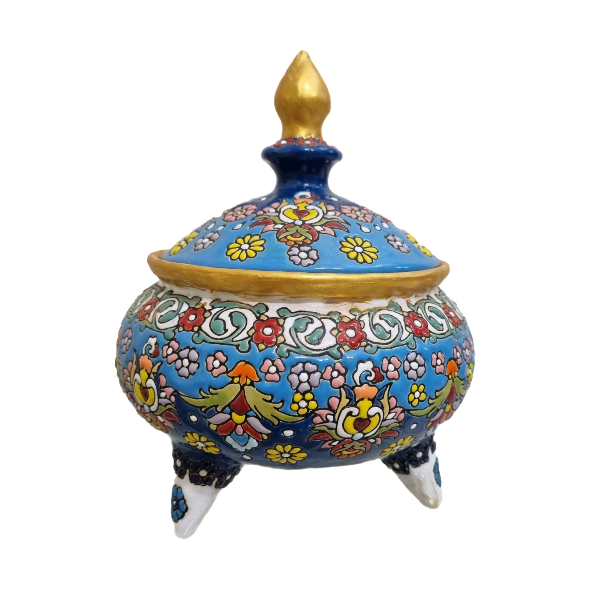 Sucrier en Poterie Persane Fait Main avec Couvercle - Minakari Émaillé Élégance Artistique