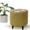 Pouf rond floral vert avec pieds en bois