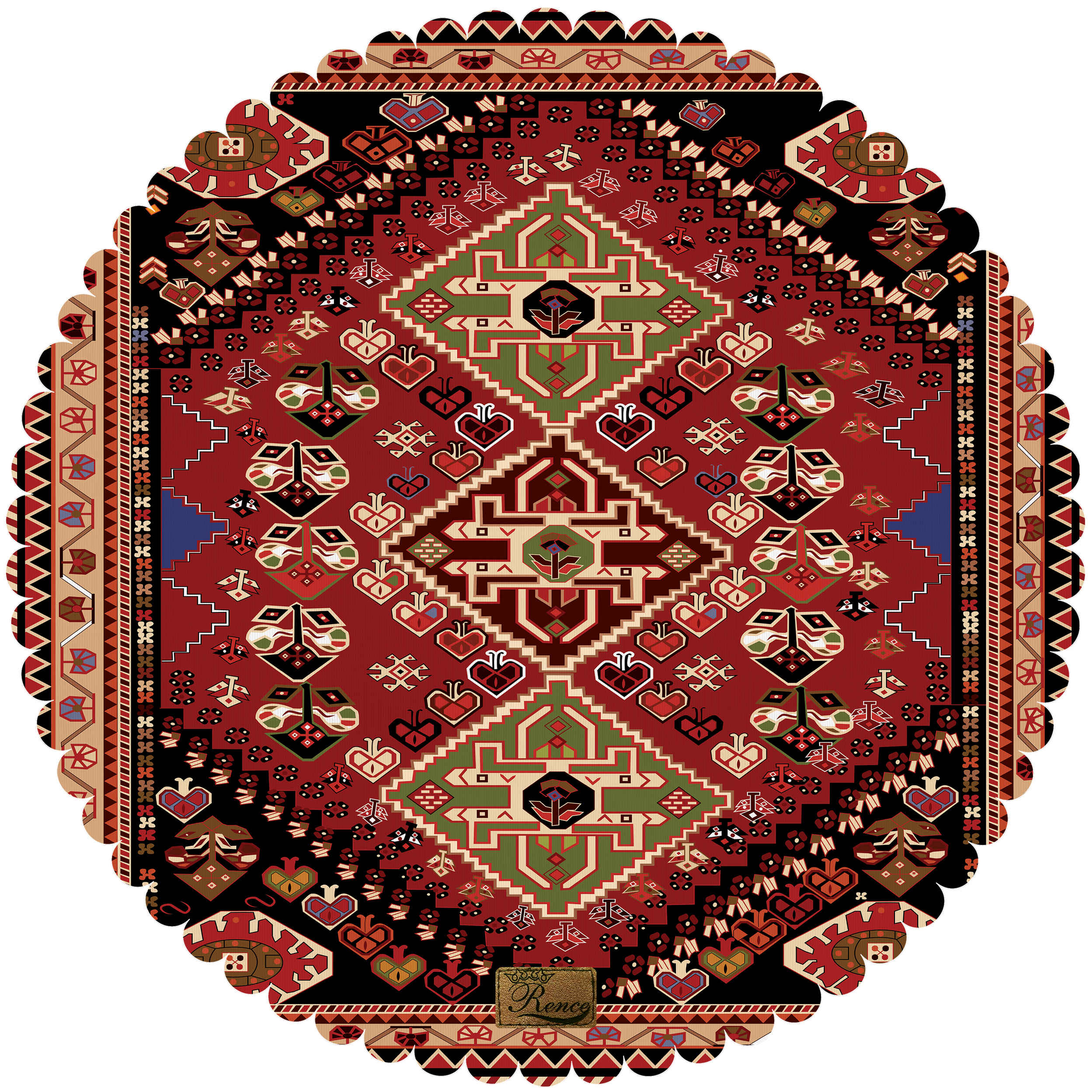 Nappe en Velours Élégance Persane Ronde avec Design Tribal Rouge