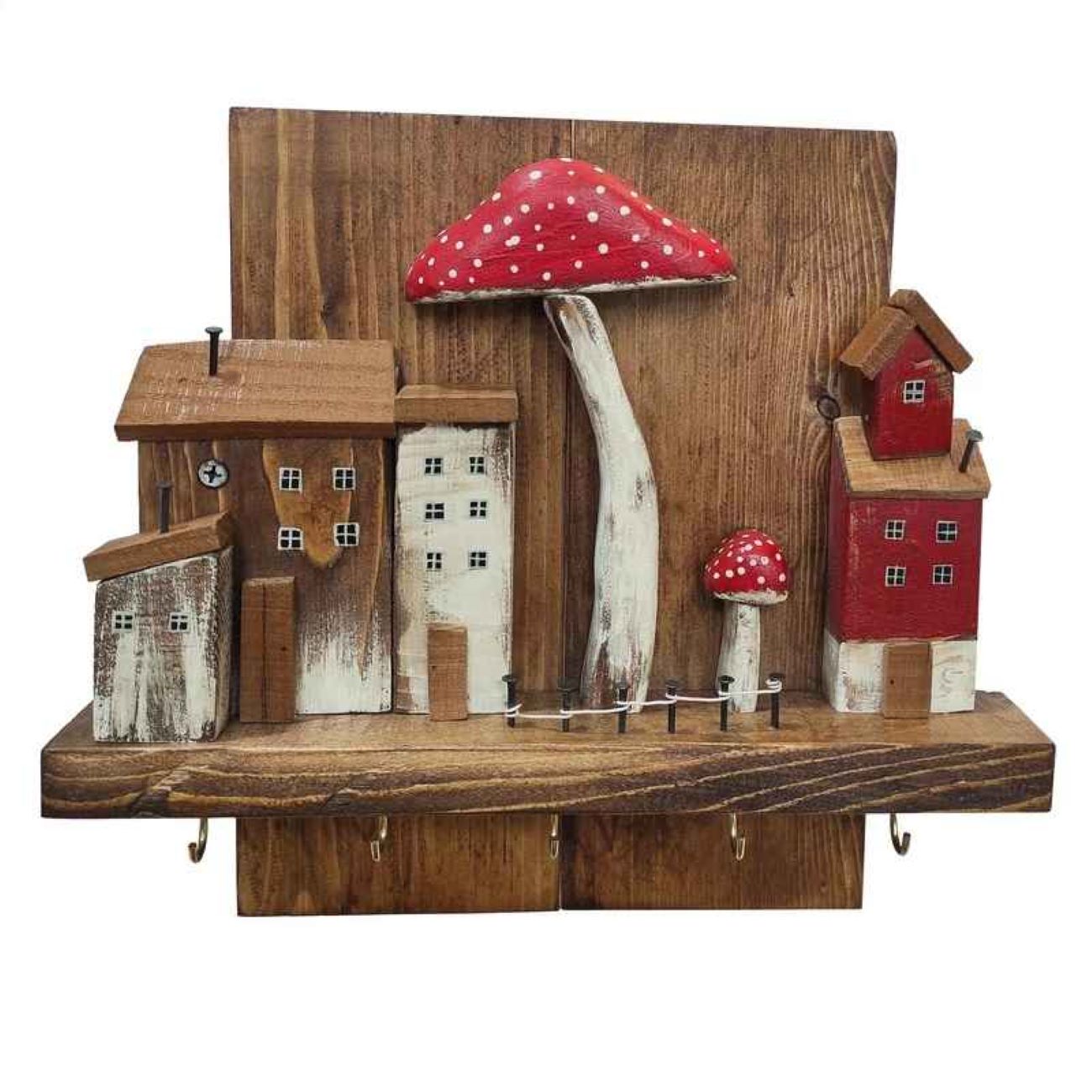 Porte-clés mural décoratif et fait main avec design Cottage et Champignon