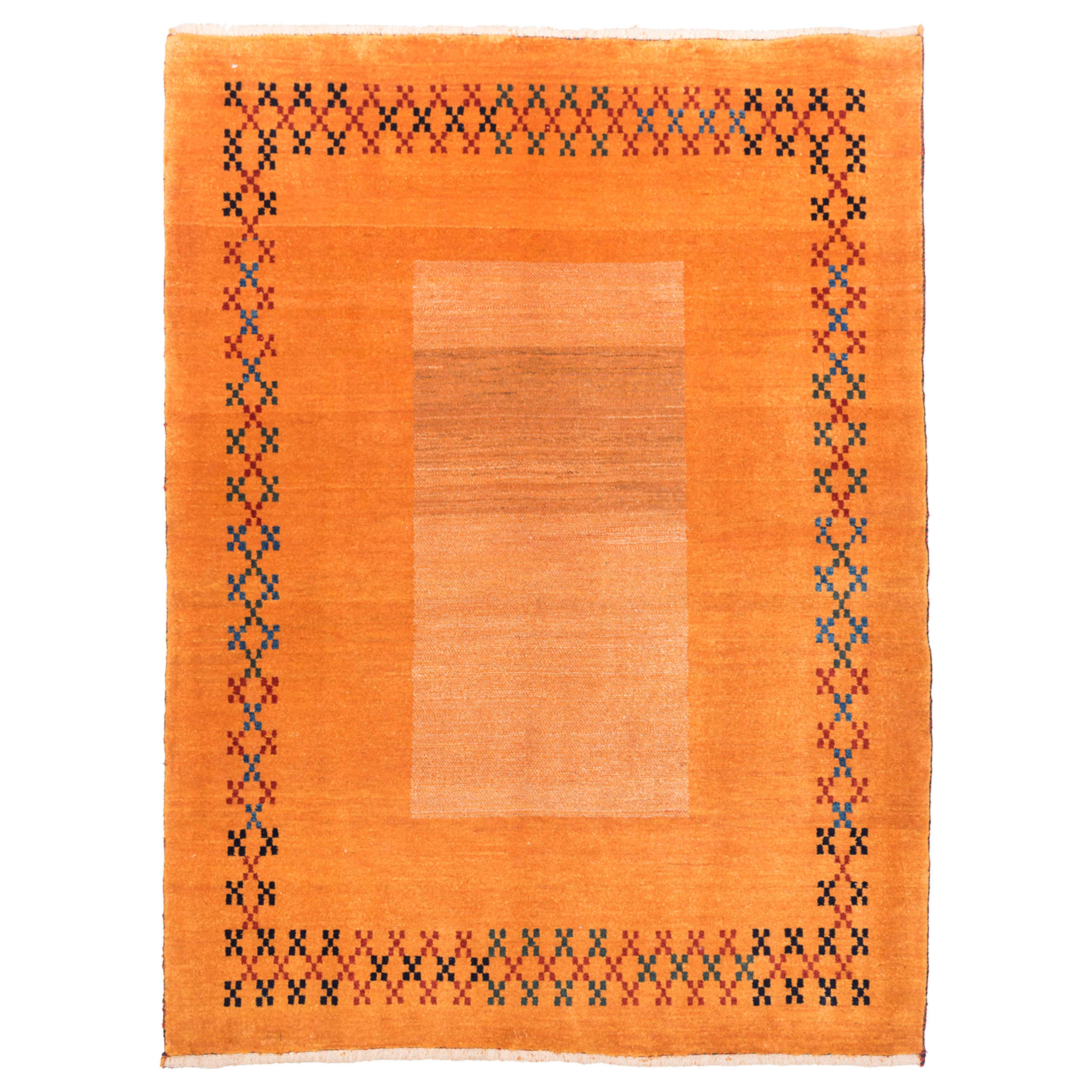 Tapis Gabbeh en laine persane véritablement tissé à la main en Fars bordé orange