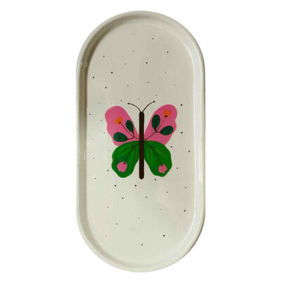 Plateau de service en béton artisanal avec motif papillon peint