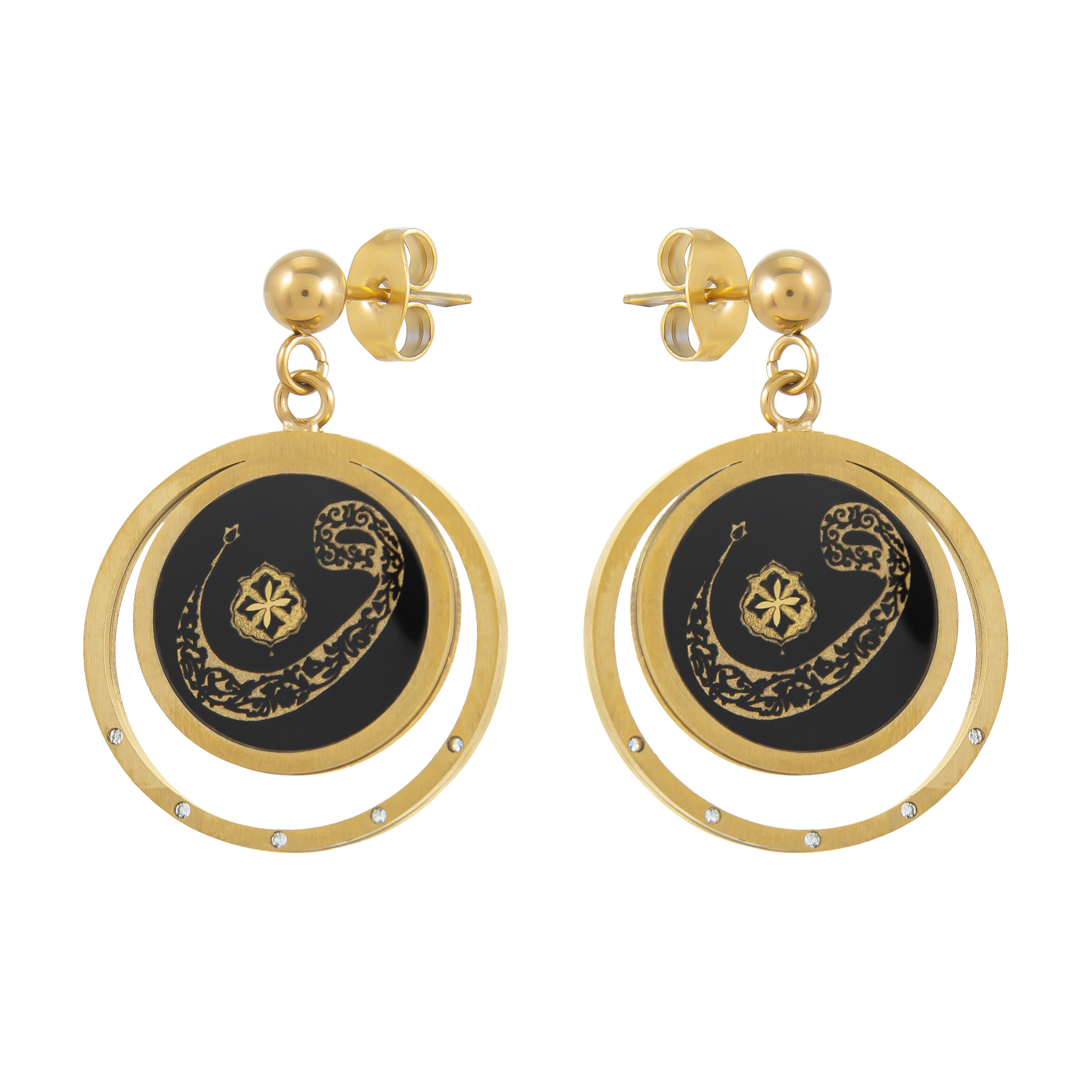 Boucles d'oreilles pendantes plaquées or, attrape-rêves artisanal, émail noir