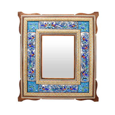 Cadre de miroir en bois persan – Motifs paon & fleurs Khatamkari