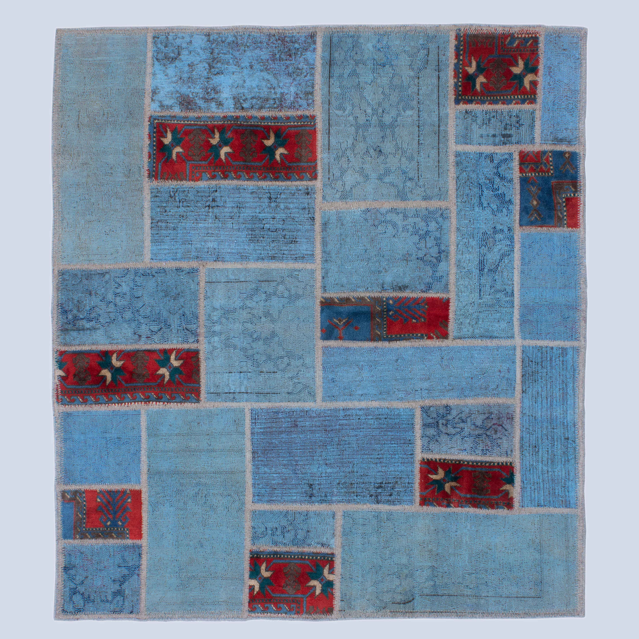 Tapis Persan Patchwork Noué à la Main Géométrique Bleu