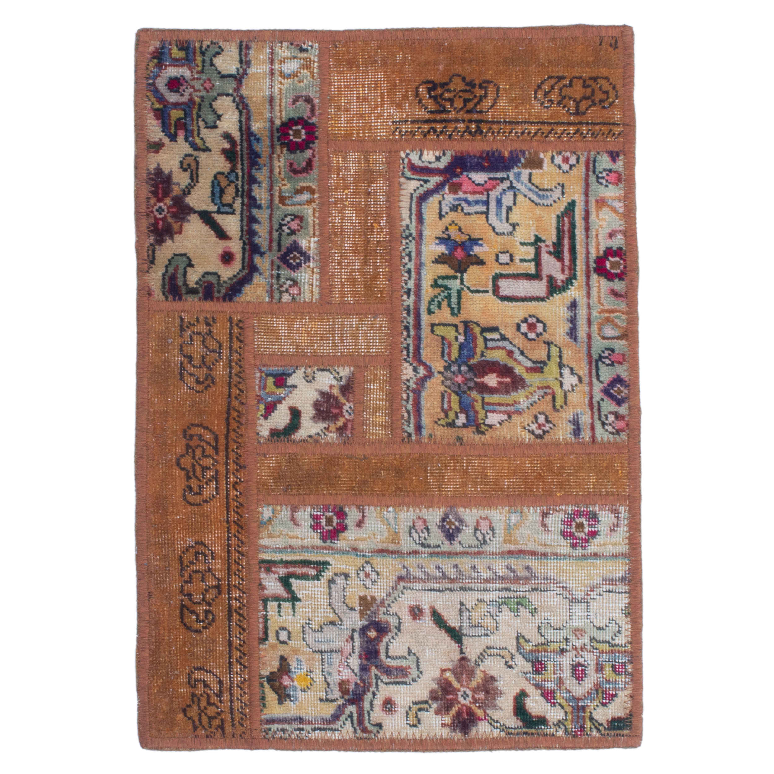 Tapis Persan Vintage Patchwork Noué à la Main Géométrique Marron