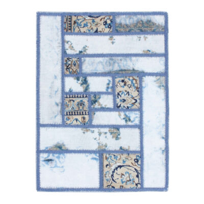 Tapis Persan Patchwork Noué à la Main Bleu Clair