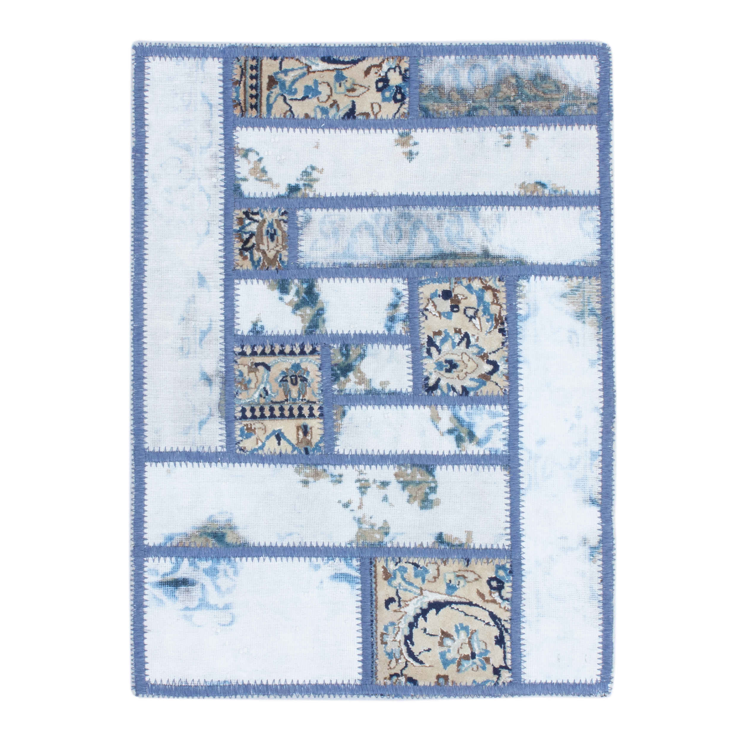 Tapis Persan Patchwork Noué à la Main Bleu Clair