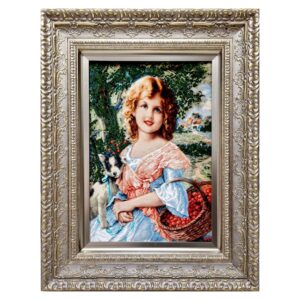 Hand-Knotted Persian Pictorial Rug from Tabriz Depicting Girl & Dog