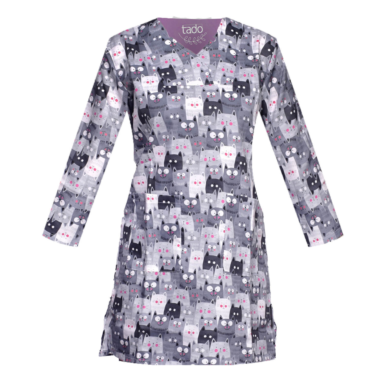 Uniforme vétérinaire à manches longues pour femme avec design de chat – Mignon et confortable