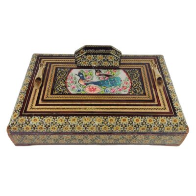 Porte-stylo en bois persan fait main pour bureau – Art Khatamkari Élégance, Design Paon