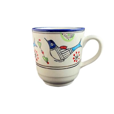 Tasse en céramique artistique – À la main, avec design de blanc oiseau et fleur peints