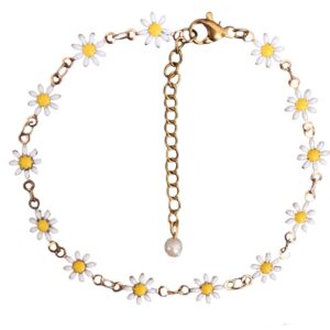 Bracelet Cheville en Chaîne avec Design de Fleur de Soleil Blanche