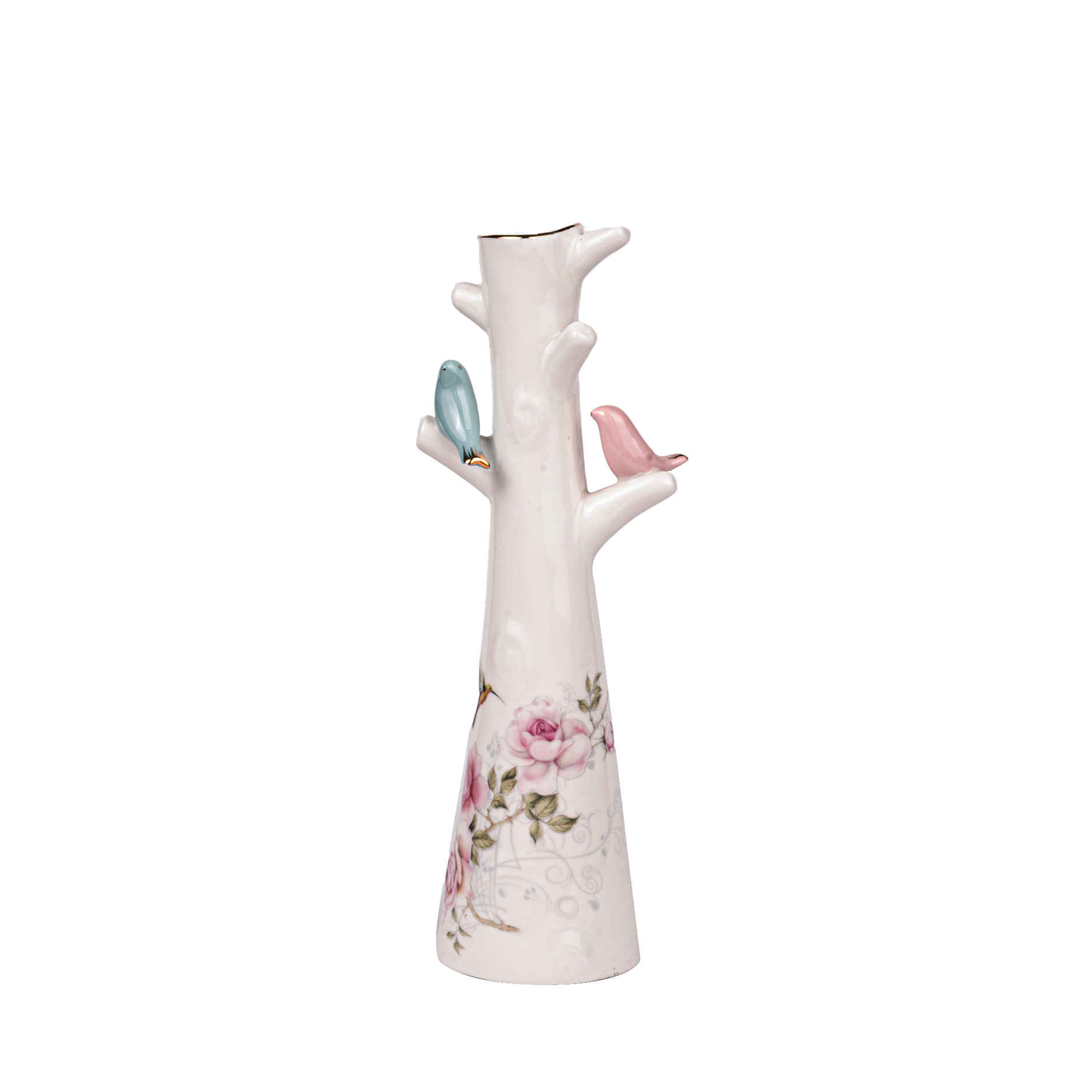 Vase décoratif en céramique avec design floral & oiseau blanc