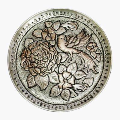 Plat décoratif en cuivre gravé persan – Design oiseaux et fleurs