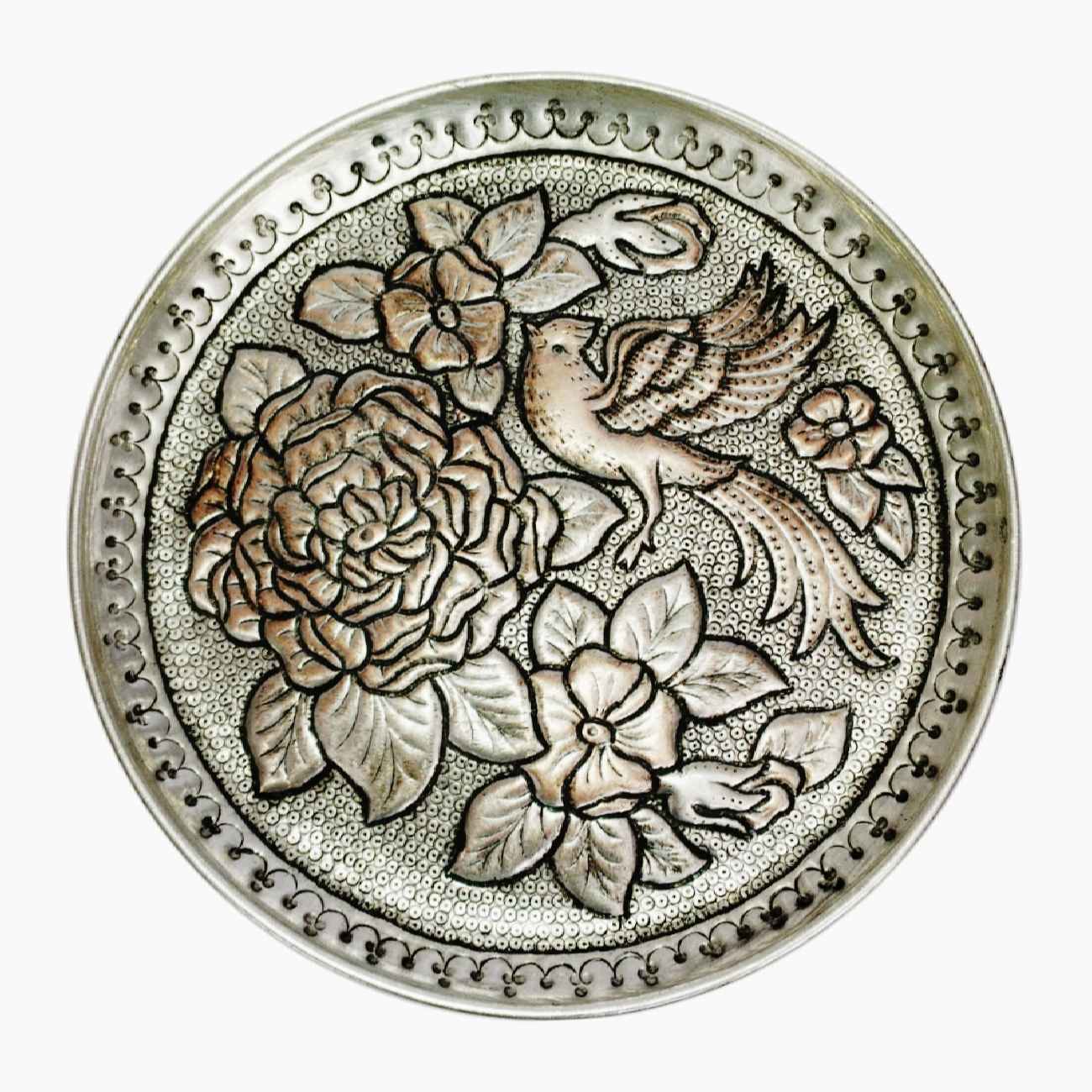 Plat décoratif en cuivre gravé persan - Design oiseaux et fleurs