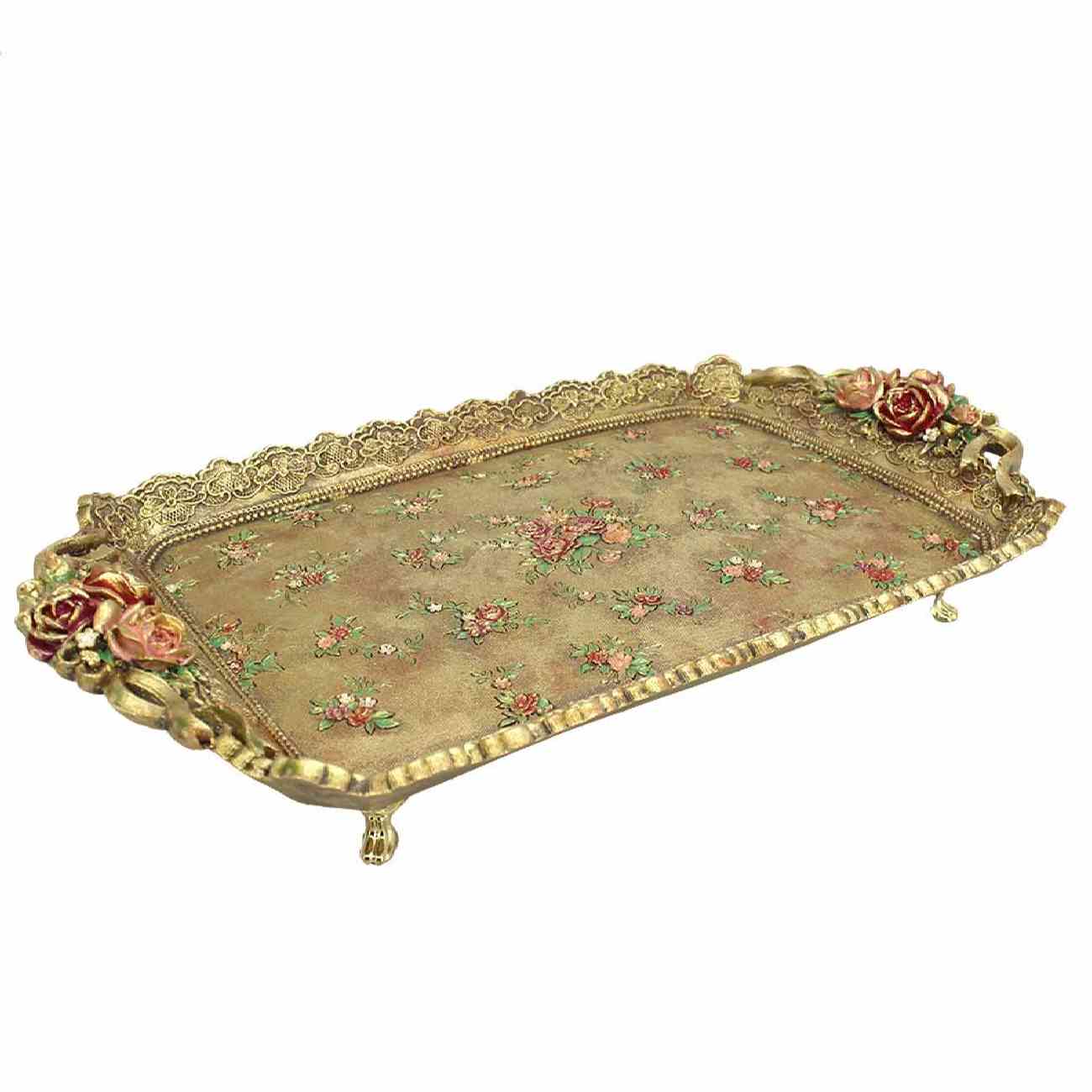 Plateau décoratif en polyester avec pieds, design floral traditionnel