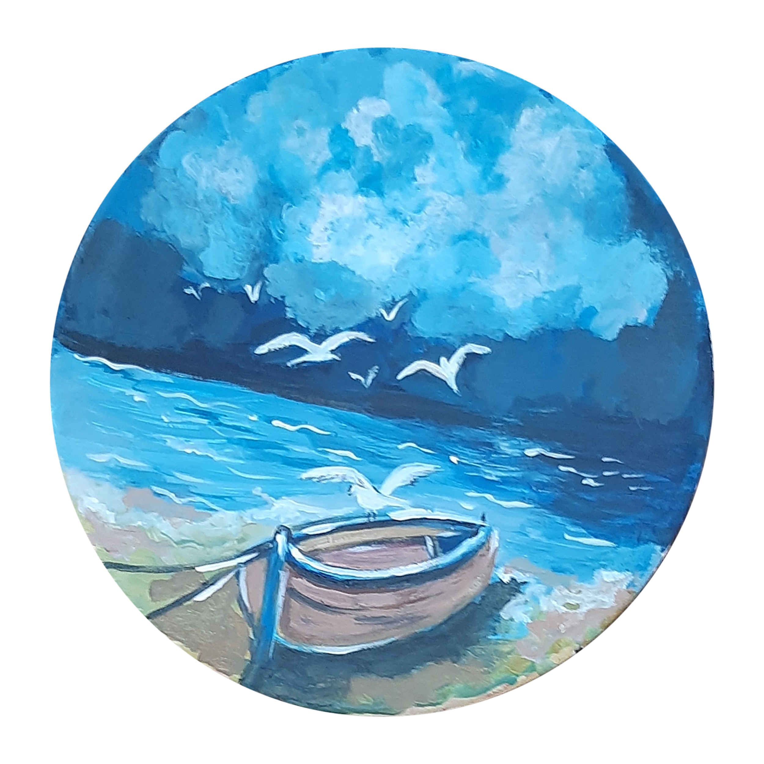 Assiette Décorative en Céramique Peinte à la Main Motif Bateau sur la Plage