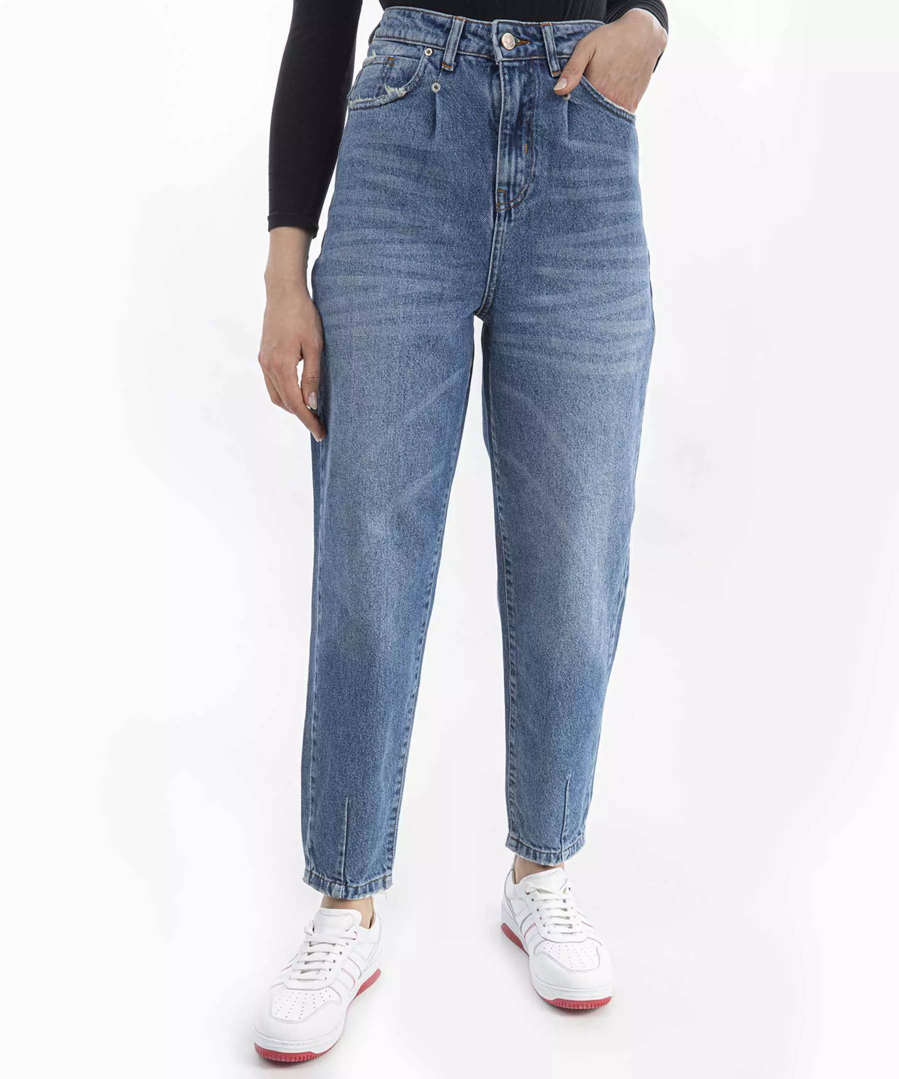 Jeans Bleus Taille Haute Jambe Droite pour Femme avec Poche