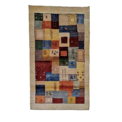 Tapis en laine Gabbeh persan authentique tissé à la main Kashkuli géométrique bordé