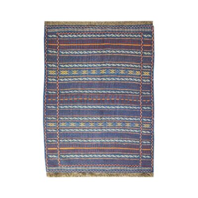 Tapis en laine Kilim persan tissé à la main avec rayures bleues
