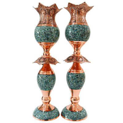 Bougeoir en cuivre persan fait à la main – Incrustation de turquoise (2x)